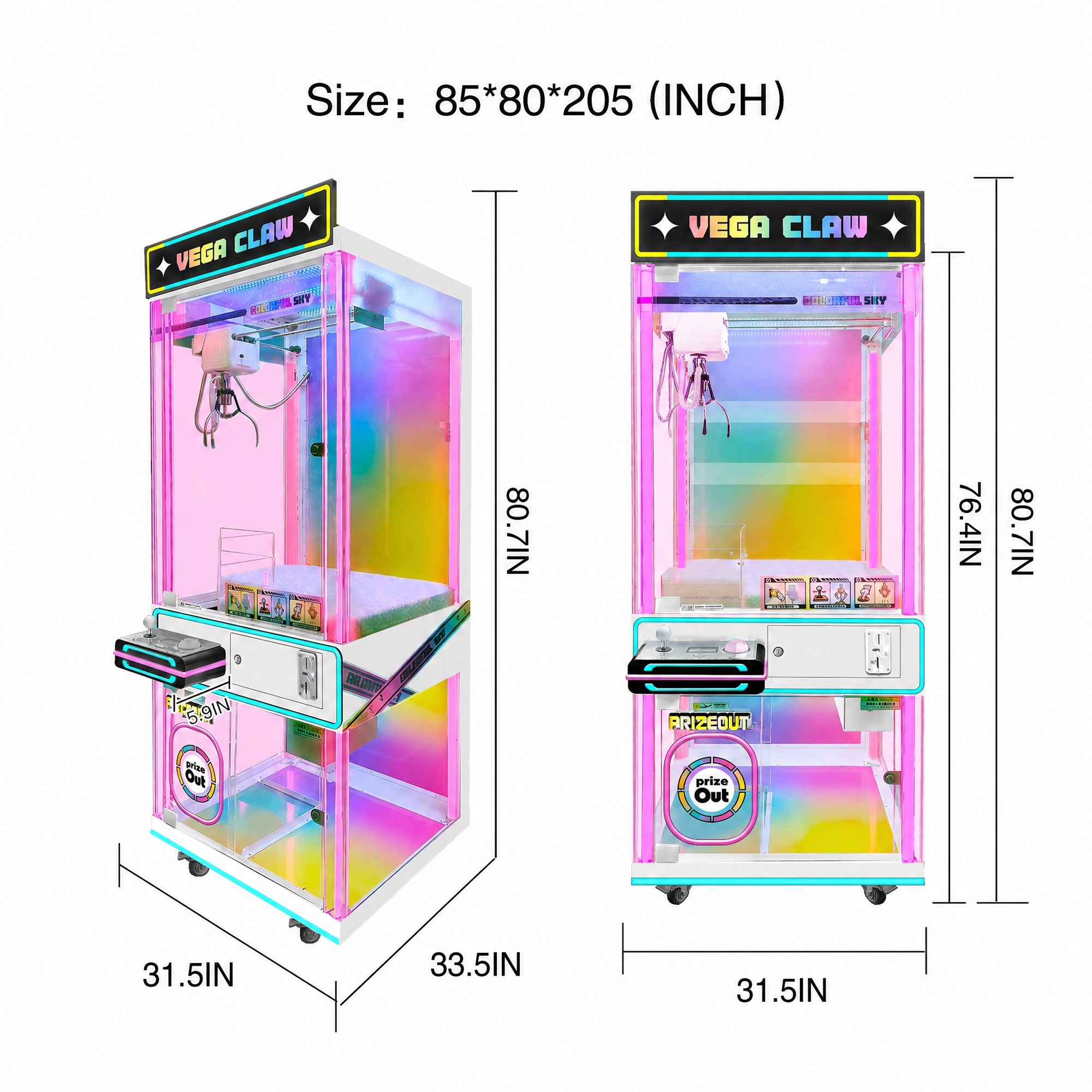 Vega Claw Colorful Sky dimension diagram, 85 by 80 by 205 centimeters