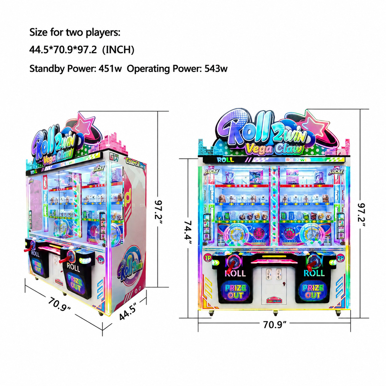 Roll2Win Vega Claw dimension diagram, 113 by 180 by 247 centimeters